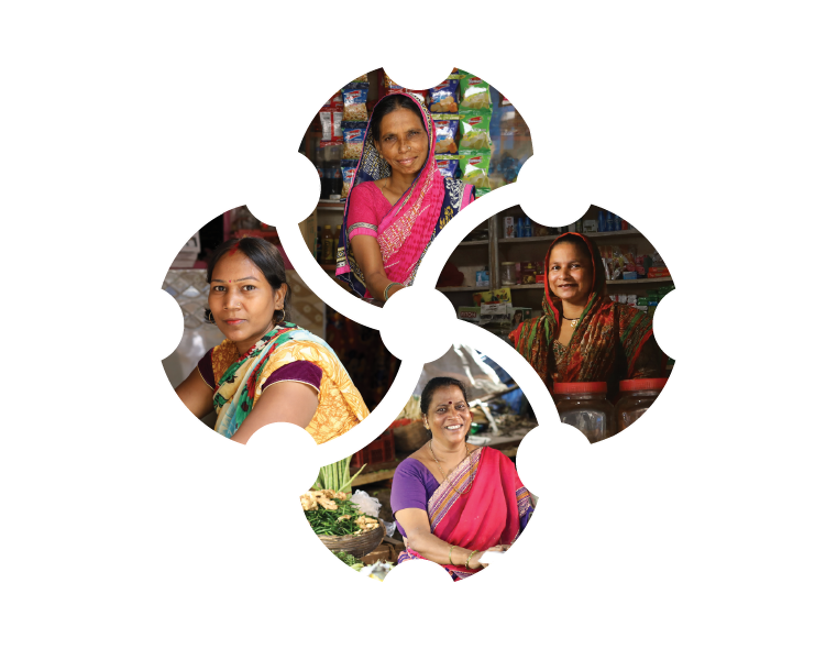 Women entrepreneurs in rural India proudly displaying their businesses; tailoring, dairy, and retail, after receiving Joint Group Lending loans disbursed by NBFCs and MFIs using Finpage's software platform.